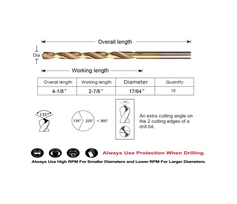 DRILLFORCE 10 PCS,17/64", Titanium Twist Drill Bits - Image 2